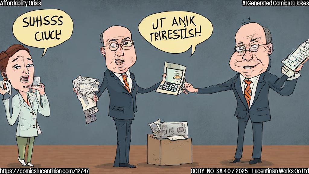 A cartoon style image. A stressed economist with a calculator in hand looking disappointed. Beside her, a politician in a suit shrugs, a speech bubble above his head says "Suck it up!". The background is filled with rising price tags.