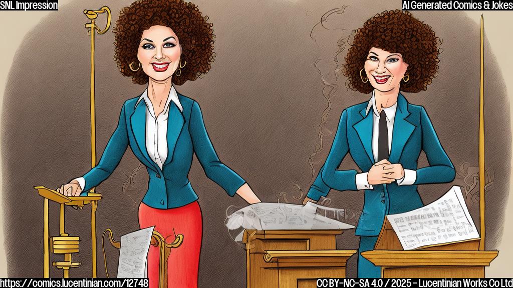 cartoon illustration of a comedian with curly brunette hair wearing a dark blazer standing behind a lectern and looking like a blonde hair lady, next to her there is a short ladder. plain background.