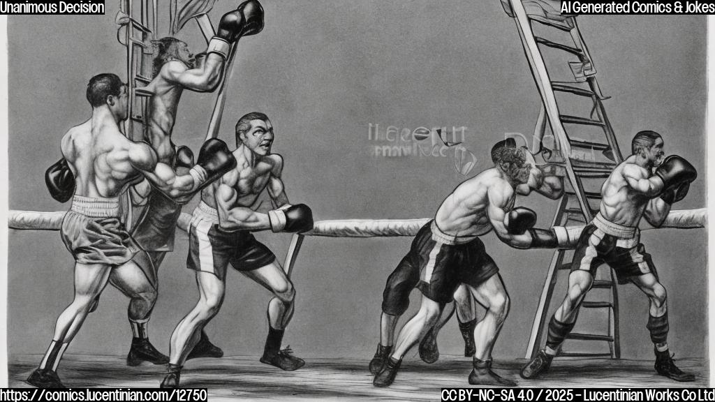 A cartoon drawing of a judge in a boxing ring carrying a comically oversized ladder, with two muscular fighters in the background looking confused. The style is simple and brightly colored.