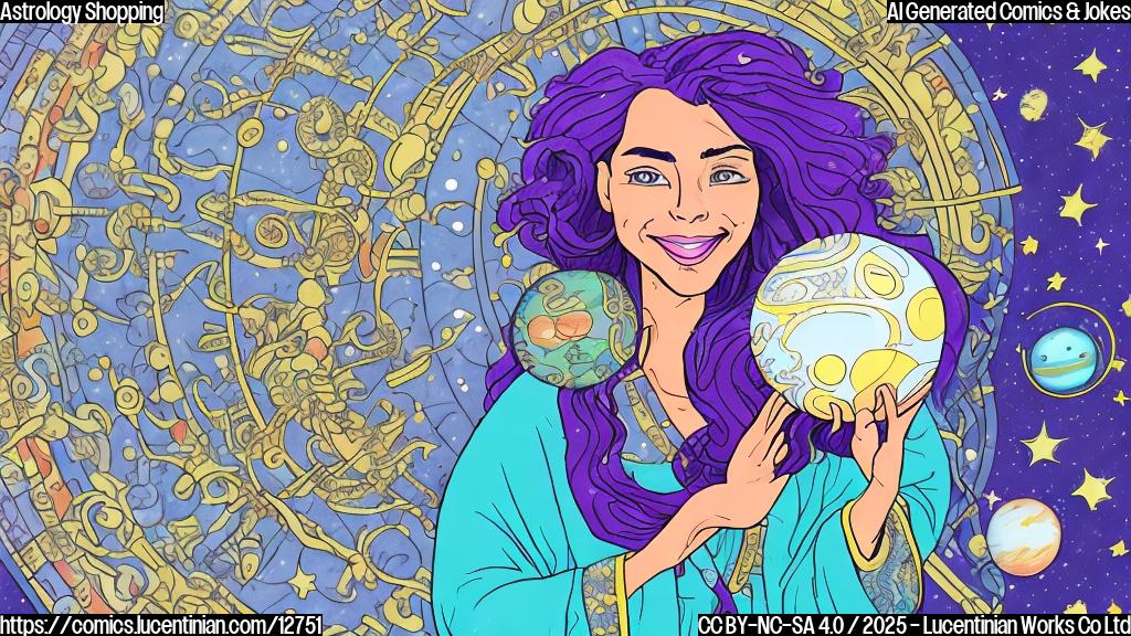A cartoon style image of a smiling astrologer with long, flowing purple hair, wearing a robe covered in stars and planets. She's holding a large shopping bag filled with scales, globes, and other symbolic objects. The background is a plain light blue color.
