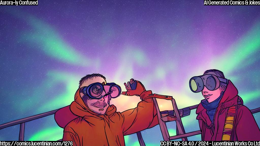 Illustrate a cartoon style picture of a person in a parka and goggles, holding a ladder while looking up at a colorful aurora borealis display in the night sky. The ladder should be positioned under a picnic blanket where an observer is not sitting.