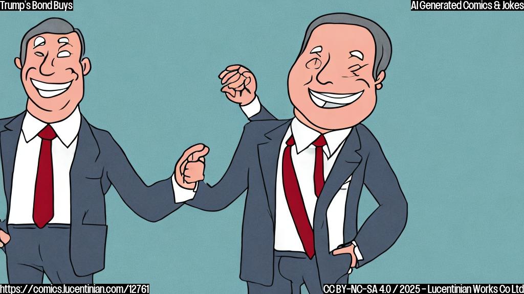 Cartoon drawing of a large businessman wearing a suit, standing in front of a pile of bonds, smiling mischievously. The background is a plain light blue.