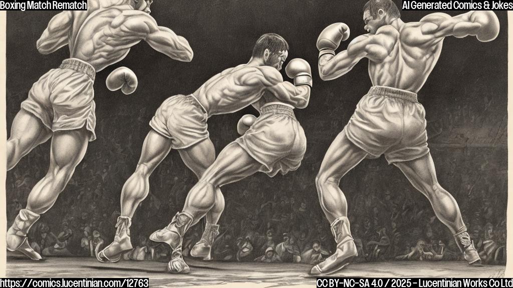 a cartoon illustration of two muscular boxing figures in a boxing ring, one significantly more bruised and battered than the other, with a shocked expression on his face
