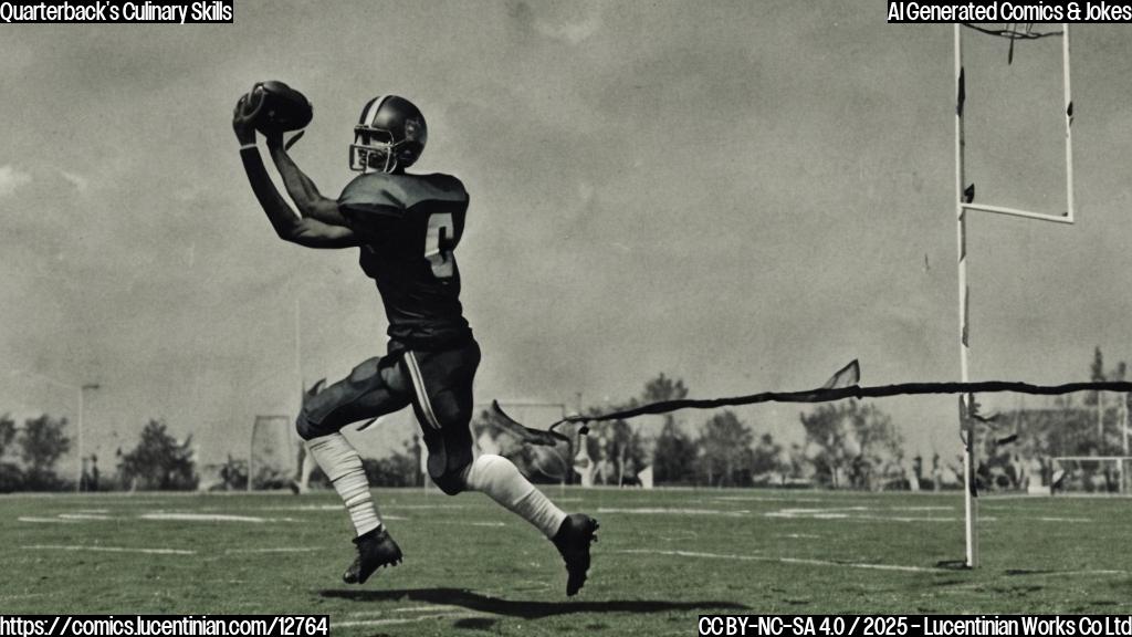 Cartoon of a football quarterback with a determined expression, carrying a large ladder onto a windy football field. The goal posts are visible in the background, swaying slightly in the breeze.