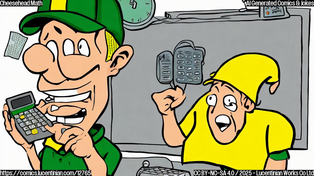 a plain color cartoon of a person wearing a green and yellow cheesehead hat holding a calculator with a confused expression on their face.