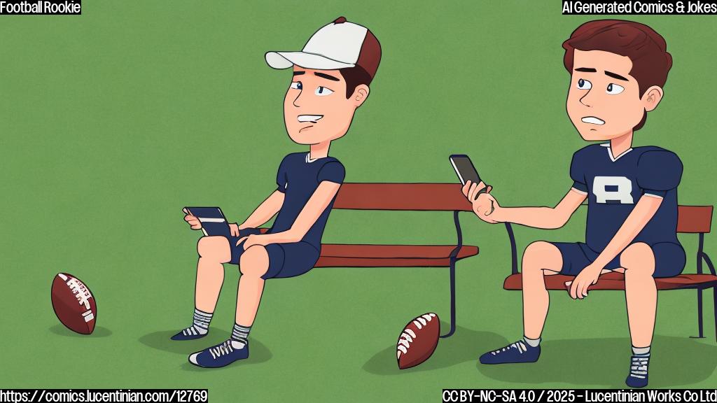 A cartoon of a young football player sitting on the bench looking bewildered, holding a turned off smartphone. He has a confused expression on his face. The background is a plain green field.