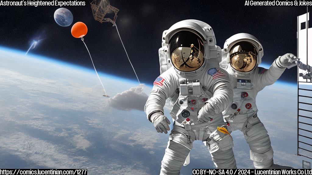 A cartoon of an astronaut standing in front of a space station with a ladder, wearing a SpaceX helmet and holding a toolbox. The astronaut has a puzzled expression on their face, while the ladder in the background has run out of helium balloons tied to it.