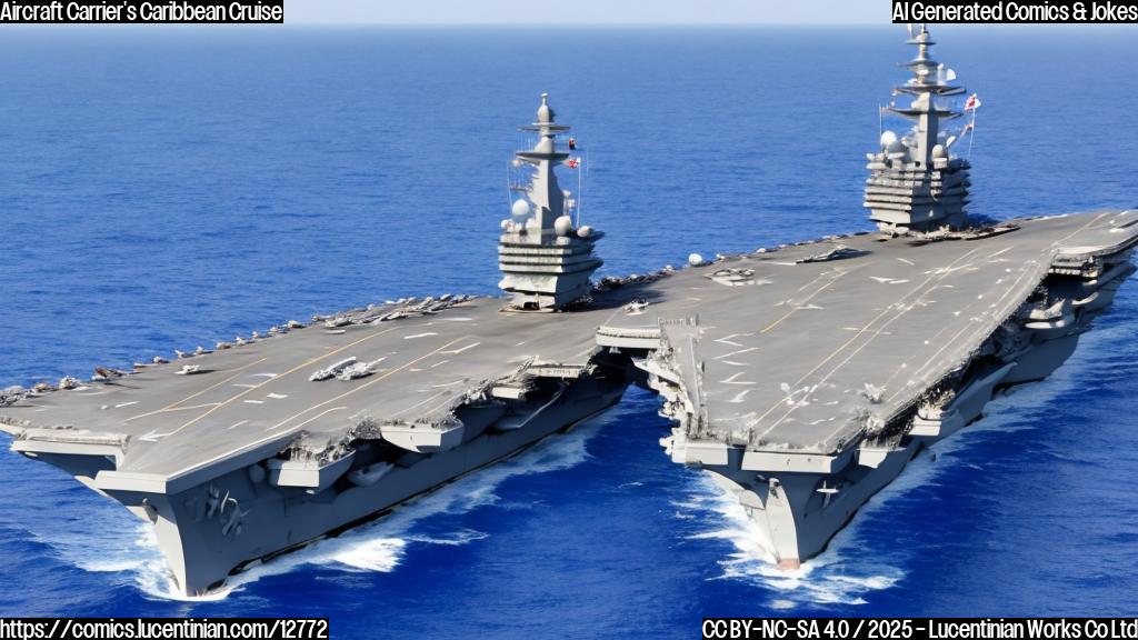 A cartoon style image of a large gray aircraft carrier with many airplanes parked on its deck, floating in a bright blue Caribbean sea under a sunny sky. The aircraft carrier has a smiling face drawn on its side.