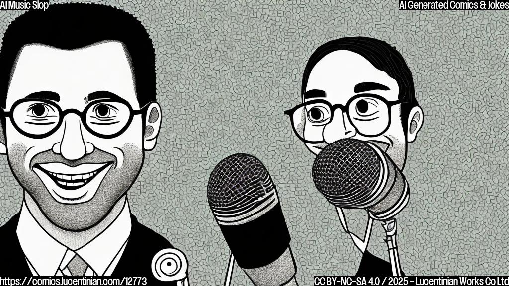 A plain color cartoon style drawing of a sad music critic with a microphone, looking away from a smiling computer with musical notes coming out of it. The computer has a big, goofy grin. The critic is wearing glasses and a fedora. The background is a single color, light blue.