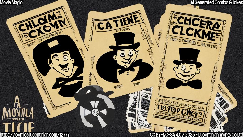 A plain color cartoon of a movie ticket stub looking sad next to a top hat with a cheerful expression, both in front of a cinema screen background.