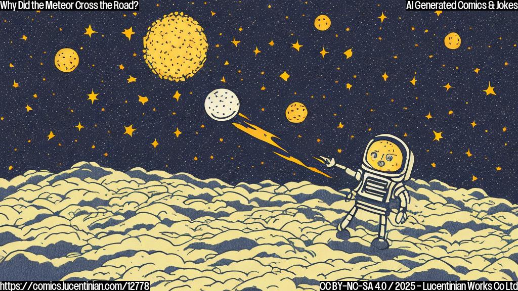 a plain color cartoon style image of a bright meteor with a smiling face crossing a dotted white line that represents a road in space, with dark blue background filled with faint white stars.