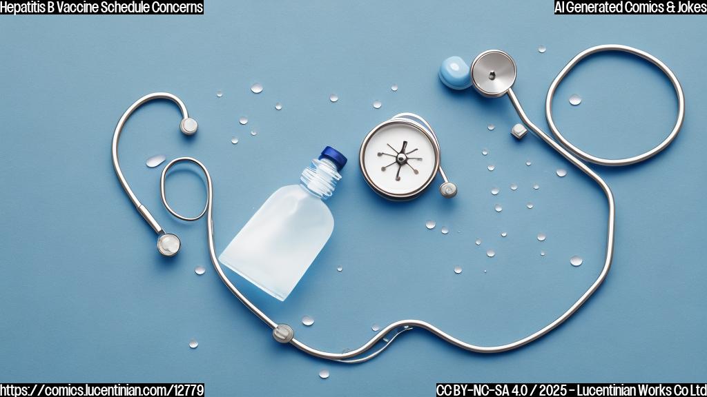 Cartoon style, plain light blue background, a small vaccine vial with a worried face, sweat droplets on its forehead, stethoscope hanging around the vial, simple shapes.