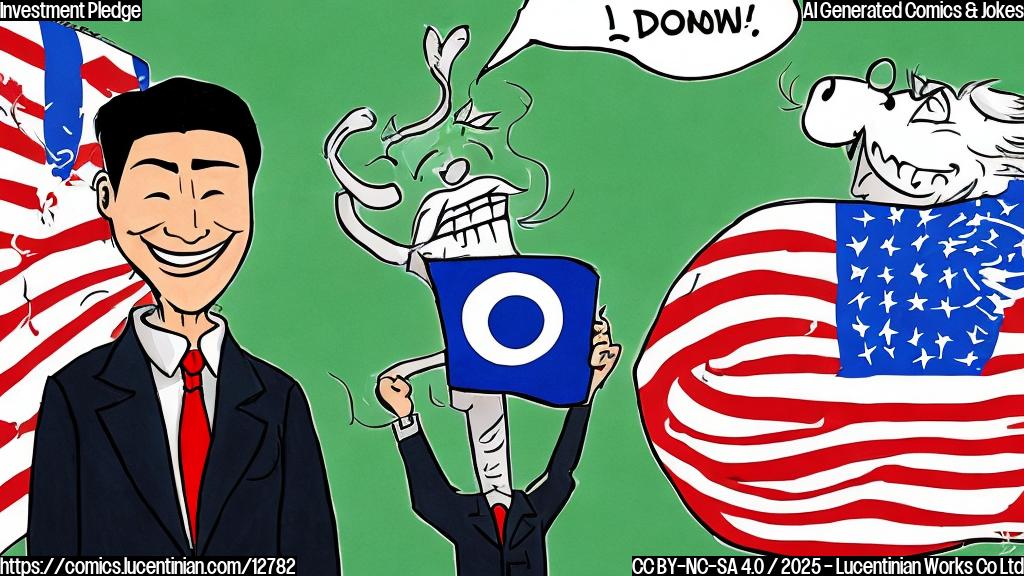 Draw a simple cartoon image. A smiling South Korean businessman wearing a dark suit, standing in front of the South Korean flag. He's happily pointing towards a building labelled "Domestic Investments" with a green arrow. In the background, a frowning Uncle Sam is shaking his fist, with dollar signs falling from his pockets. The image should be in a plain color style.