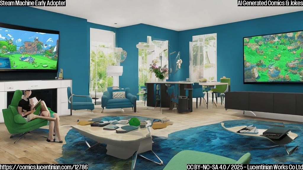 A cartoon-style living room with a person holding a large map. The room has a TV and a gaming console connected to it. The overall color scheme is plain blue and green.