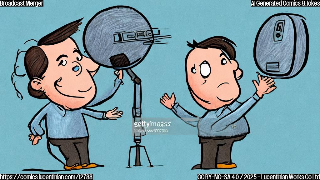 A cartoon drawing of a television with an antenna shaking hands with a rolled-up newspaper, both smiling, against a plain light blue background.