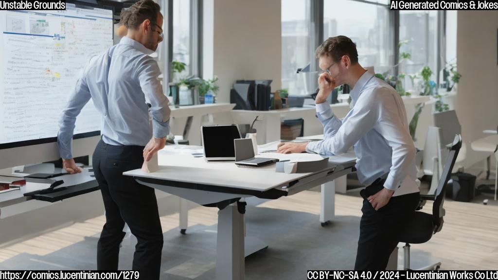A person sitting at a standing desk with their back straight, looking slightly anxious. The desk is adjustable height and has a keyboard and mouse attached to it. The surrounding environment should depict a modern office space with minimal distractions.