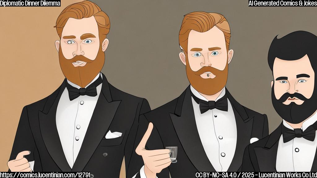 A cartoon style image of a slightly orange-skinned man with blond hair wearing a tuxedo and holding a large bib. Next to him is a man with dark hair and a beard, also in a tuxedo, looking slightly perplexed. The background is a fancy dining room. The style should be simple and use plain colors.