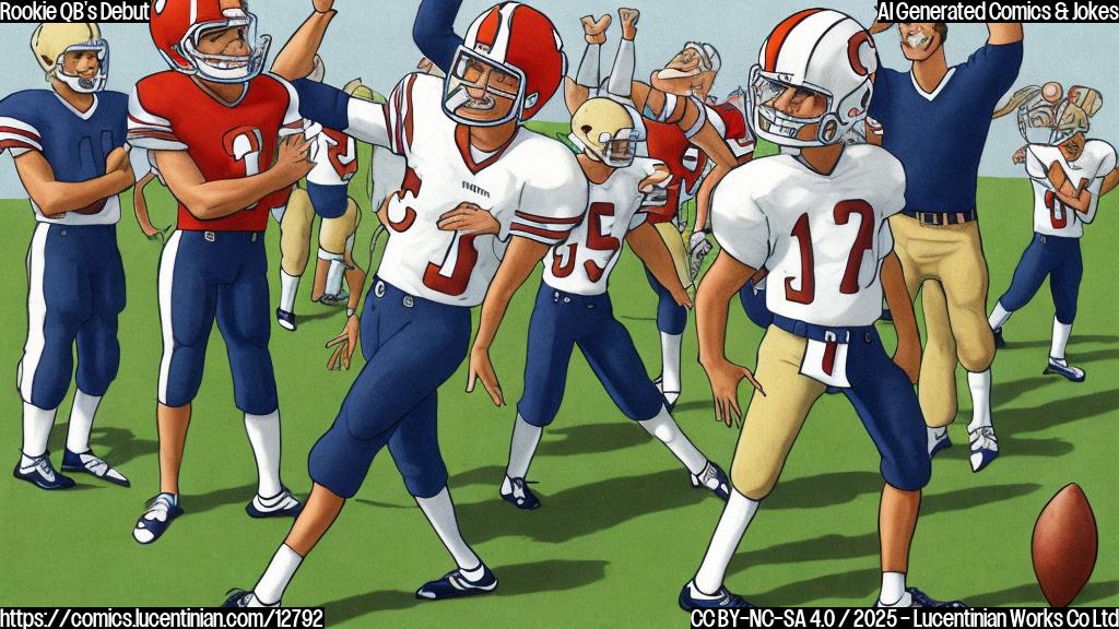 Cartoon of a football coach scratching his head in confusion, looking at a rookie quarterback with an overly enthusiastic pose and wrist gesture, while the crowd cheers wildly in the background. The quarterback is wearing a clean uniform, contrasting with the coach's stressed expression. A football lays abandoned on the grass. Plain color cartoon style.