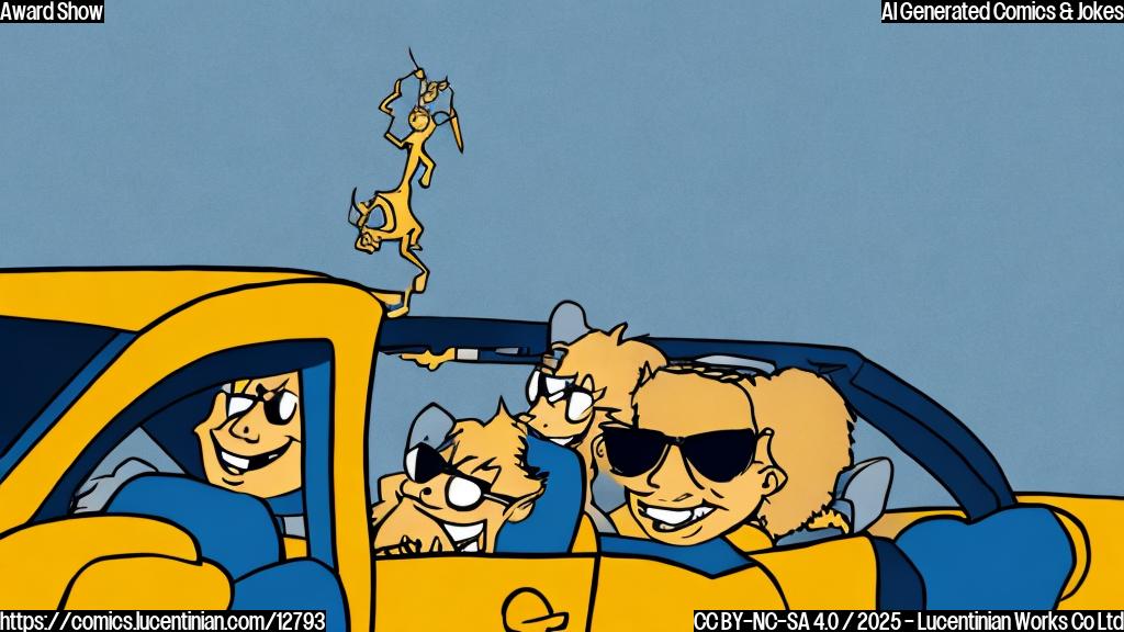 A simple cartoon image of a golden statue wearing sunglasses, speeding down a highway in a convertible. The statue has a wide smile. The background is a plain blue color.