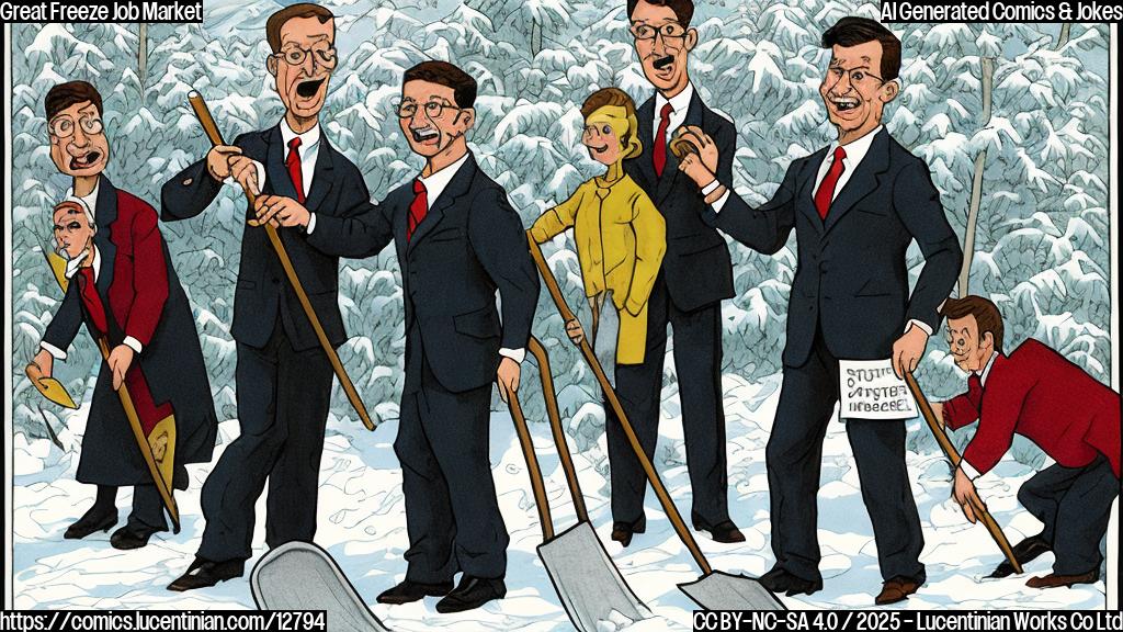 Cartoon illustration of a puzzled-looking economist in a suit and tie, holding a snow shovel at a sunny outdoor job fair. Job seekers in the background are smiling, while the economist scratches their head, looking confused. The overall style is plain color and simple.