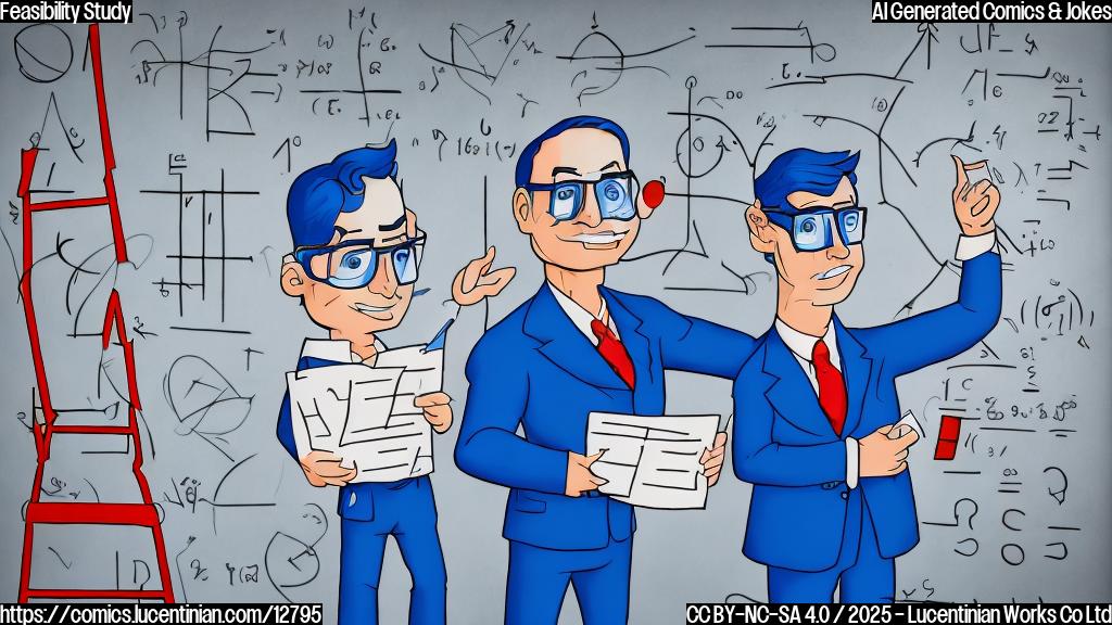 Cartoon drawing of a blue colored suited engineer wearing glasses, holding a red colored ladder, standing in front of a white board filled with equations. All elements are simple shapes and plain colors.