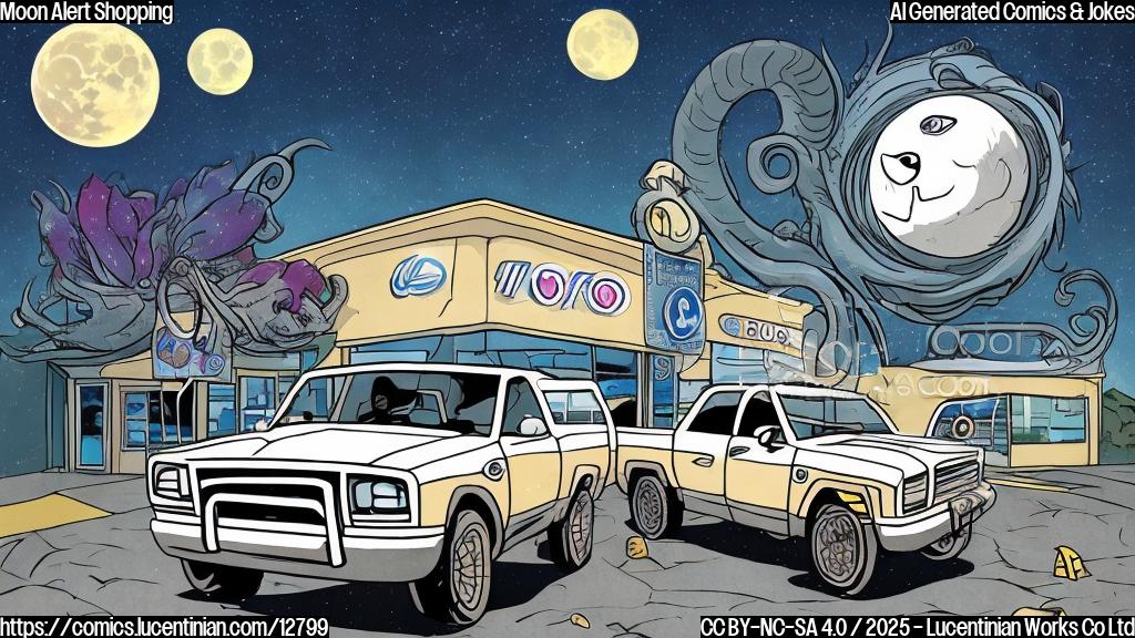 Cartoon image of a ram-like creature with curly horns, looking frustrated at a closed car dealership. The moon is visible in the background with a large "DO NOT BUY" sign over it. The dealership has a sign "Closed due to Moon Alert". All in plain, simple colors.