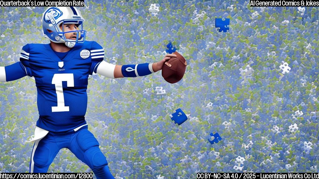 Cartoon illustration. A football quarterback, wearing a blue and silver uniform, stands dejectedly on a football field. He is surrounded by floating, incomplete puzzle pieces, each shaped like a different football receiver. The background is a plain, light green color. Style is simple and cartoonish.