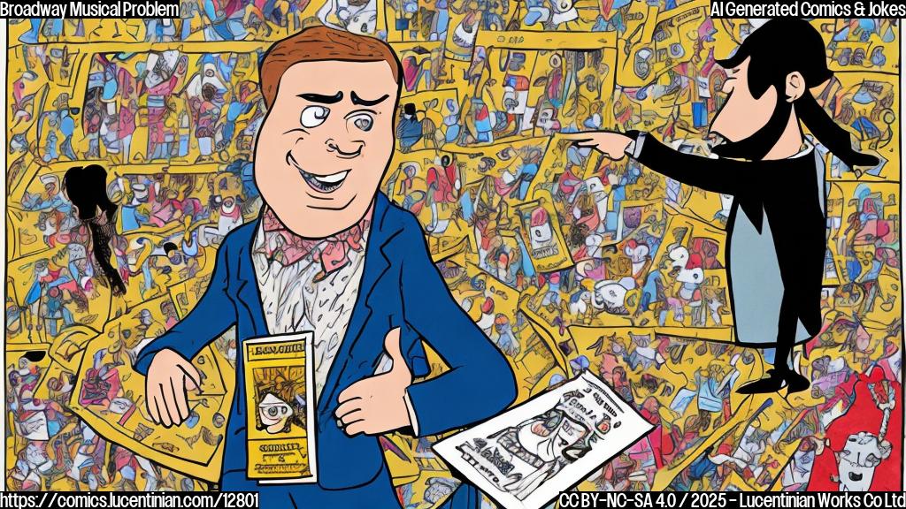 A cartoon drawing of a confused audience member with a puzzled expression, holding a playbill with a chess board on the cover. The background is a blurry stage with actors in costume, the colors are plain and vibrant, cartoon style.