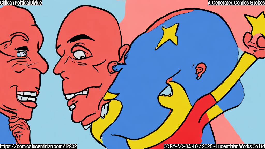 A cartoon image depicting two figures standing on opposite sides of a wide chasm, each figure representing a different political ideology. One figure is colored bright red, and the other is colored deep blue. The background is a plain light yellow. The figures are simplified and cartoonish.