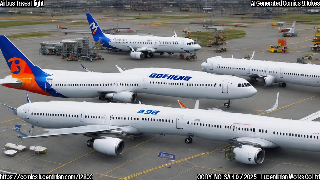 A plane from Boeing is sitting next to an A321neo, both have similar smiles and wings. The Boeing plane looks a bit puzzled and has its engines crossed, while the Airbus plane seems more relaxed and confident.