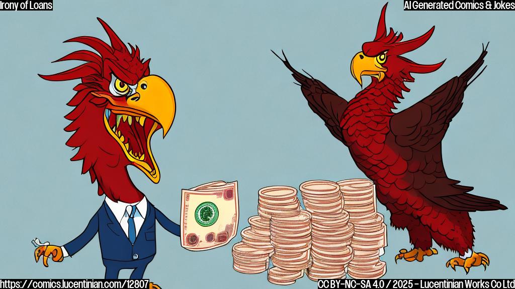 Cartoon style image of a confused-looking bald eagle, the national bird of the United States, scratching its head while standing next to a smiling red dragon, a symbol for China, holding a stack of money bags labeled "Loans". The background is a plain light blue.