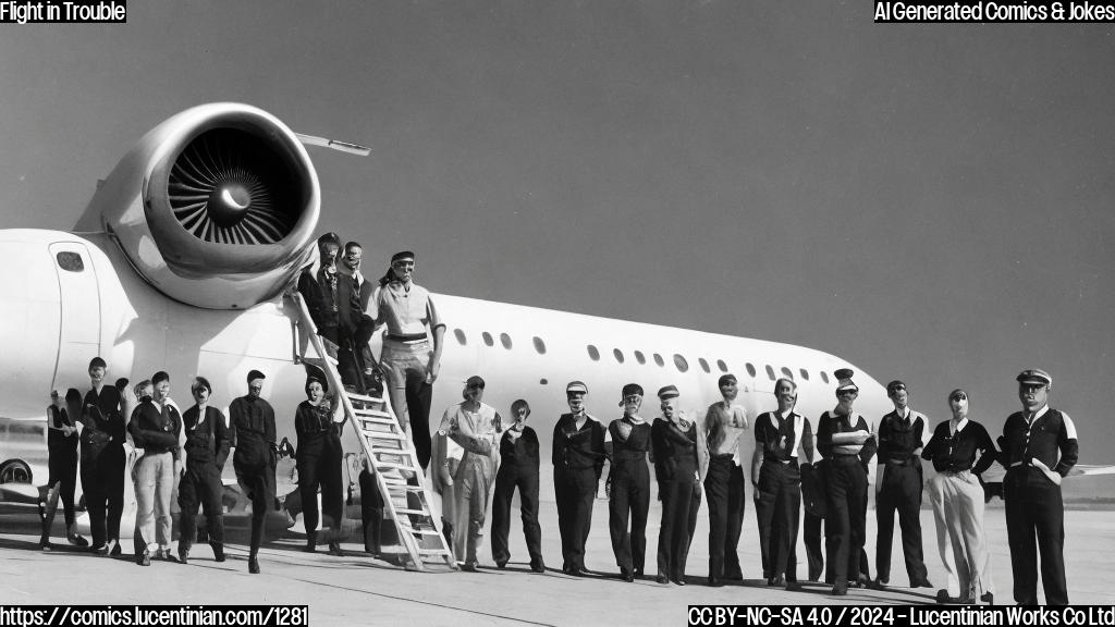 A group of people in uniforms, standing near an airplane cabin door. One of them is holding a ladder and has a concerned expression. The background shows a blurred view of the airline's logo.