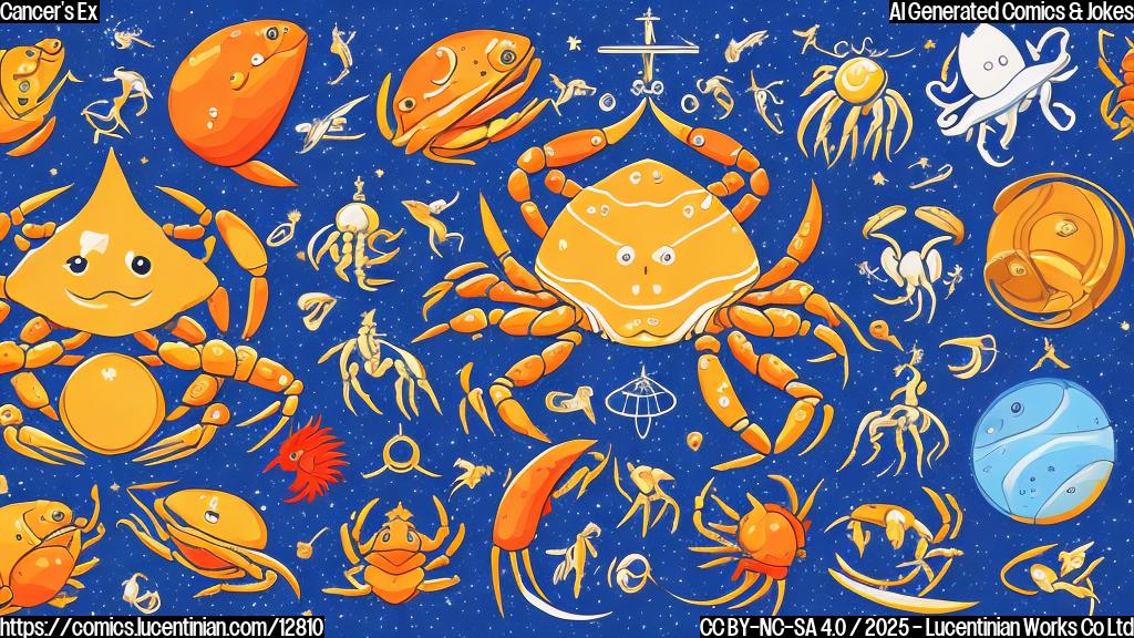 Cartoon style, plain color background, an astrologer with a telescope looking surprised, and a crab zodiac sign looking buff and shiny.