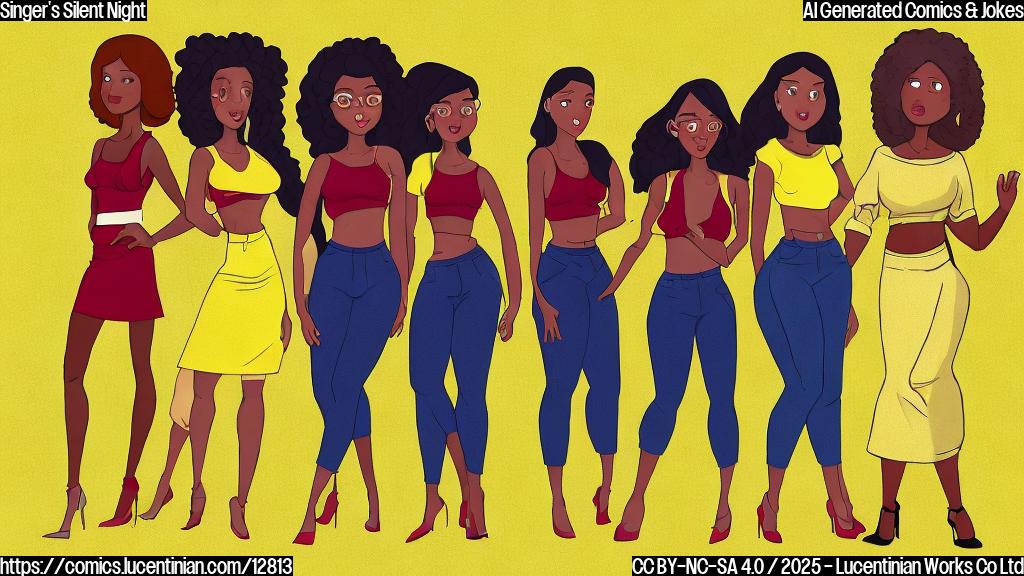 Create a cartoon style image with a plain yellow background. Two young women, one with brown skin and the other with light skin and high ponytail are standing on a red carpet. One woman has a microphone in front of her and is animatedly talking, while the other woman, standing next to her, looks voiceless and embarrassed. The background has a single spotlight.