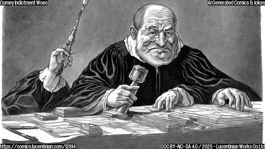 A plain color cartoon style image of a judge with a gavel, looking disapprovingly at a rolled-up scroll labeled "Indictment". The scroll is riddled with holes.