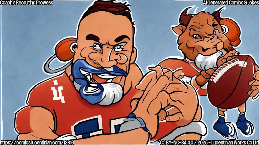 a cartoon drawing of a muscular football coach with a headset handing a large fruit basket to a tall, athletic linebacker in a different team's uniform. The background shows a football field with one stadium marked "Hokies" and the other "Nittany Lions". Use plain colors.