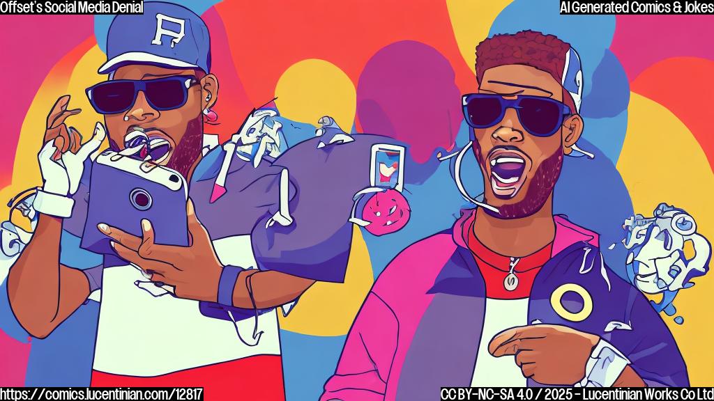 Cartoon drawing of a rapper with a microphone looking nervously at a phone, with a football player tackling a pile of angry emojis in the background. The rapper is wearing a stylish jacket and sunglasses. The football player is in full gear. The background is a simple, colorful gradient.