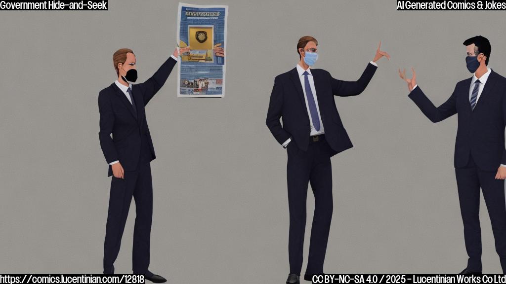 Cartoon drawing. A tall serious man in a dark suit representing the Department of Justice is pointing an accusing finger at a smaller relaxed man in a casual outfit representing California. The man in the suit is partially hidden behind a large newspaper with the headline "Face Covering Ban". Both are standing in front of a plain light blue background. The style is simple and clean, similar to a children's book illustration.