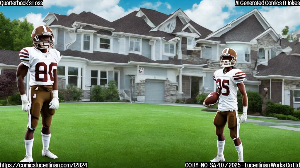 A cartoon style image depicting a football player in a brown uniform with a helmet, looking distraught while standing outside a house with a broken window. Bags of money are floating away from the house. The house is surrounded by green grass and a white picket fence. The sky is a plain light blue.