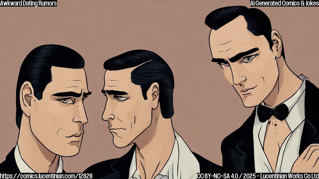 Plain color cartoon style picture of a handsome actor with slicked-back dark hair and a beautiful model with long brown hair, both looking away from each other with awkward expressions, a giant question mark hovering above them.