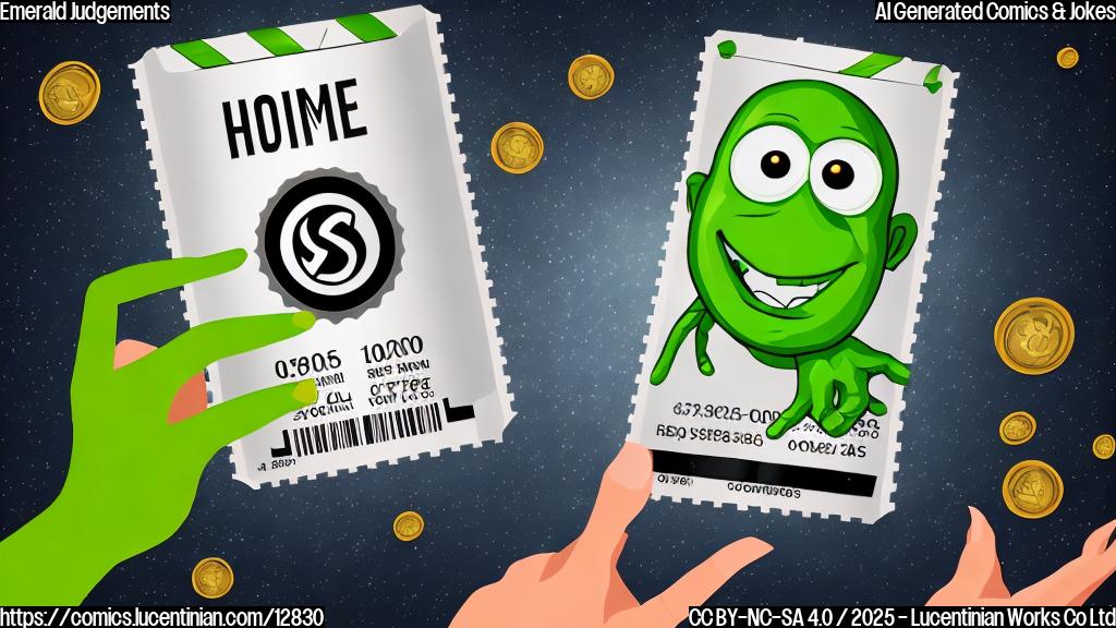 A single green-skinned hand, adorned with rings, holding a movie ticket with a concerned expression. Cartoon style, plain background.