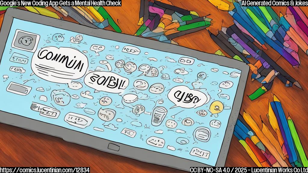 Draw a simple cartoon of a computer screen with a speech bubble coming out of it, containing a thought bubble with a confused expression. The background is a warm, calming color like light blue or pale green.