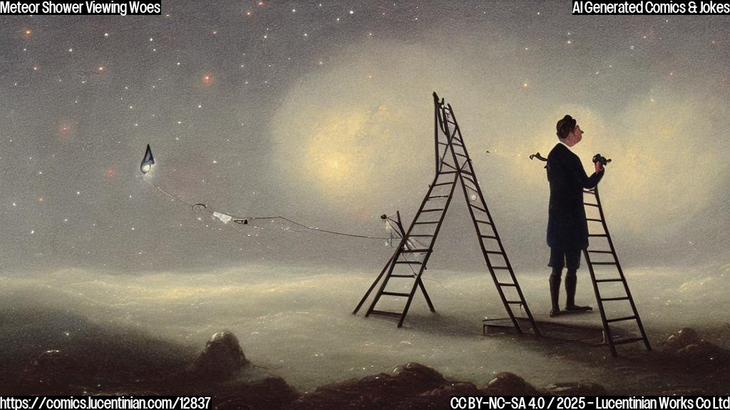 A cartoon drawing of an astronomer with a telescope, struggling to carry a very tall ladder, with thick fog covering the ground. Stars are visible above the fog line. The color palette is muted and pastel.
