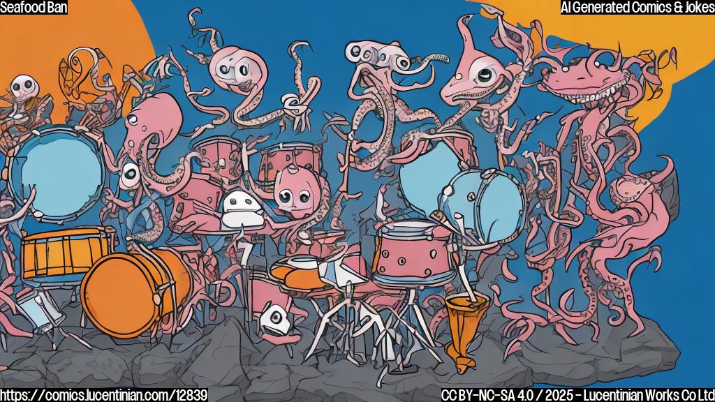Plain color cartoon style image depicting a group of anthropomorphic seafood characters (crab, octopus, fish, shrimp) dressed in rock band attire (leather jackets, sunglasses) holding musical instruments (guitar, drums, microphone). Background is a simple, single color, like light blue.
