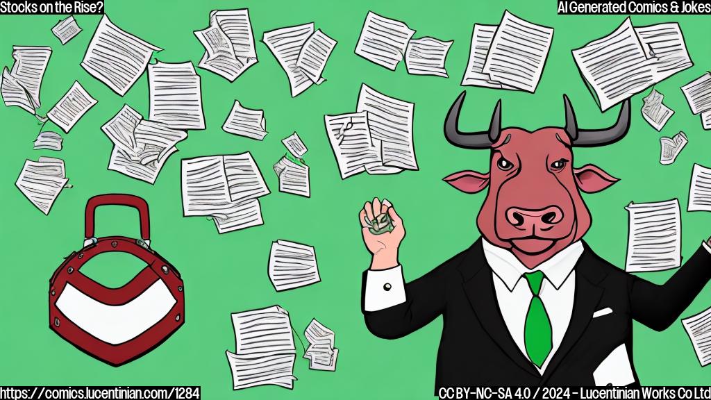 a cartoon style image of a bull wearing a suit and holding a briefcase with a green background and a subtle market graph on the side