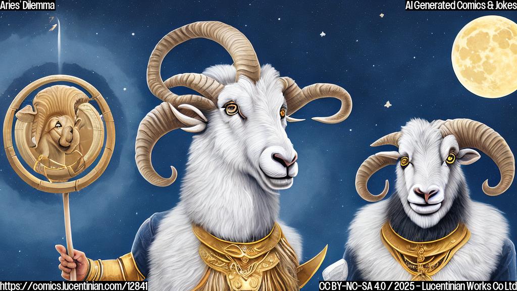 A cartoon illustration of a ram (representing Aries) standing in front of a shimmering new moon. The ram has a confused expression and is holding two signs, one that says "Charge!" and the other that says "Stay Put!". The background is a simple, plain color gradient from dark blue to light blue.
