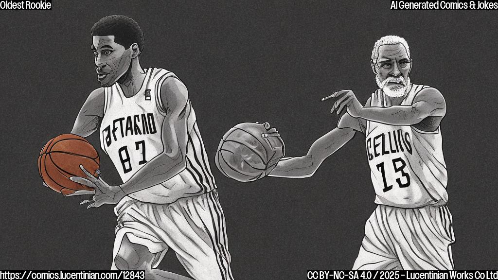 A cartoon style image with a basketball player, very old with gray beard, using a walking stick, wearing a basket uniform. The background is a basketball court. The style is plain colors.