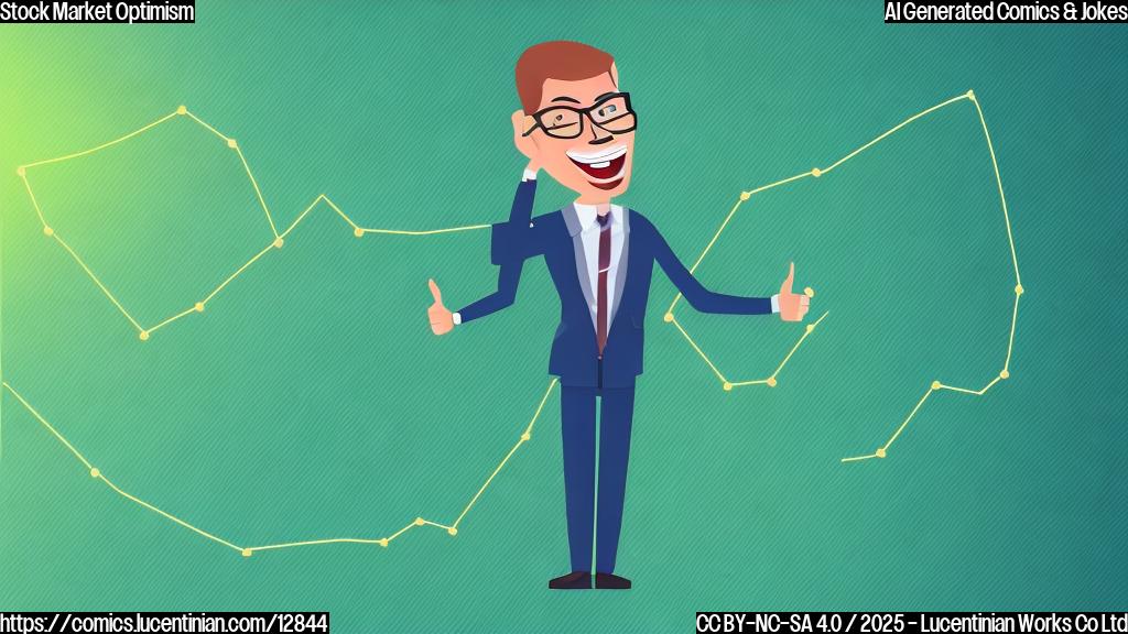A cheerful cartoon investor with a thumbs up gesture, standing on a graph that shows a sharp dip followed by a steep climb. The graph is colored bright green and the background is a simple light blue.