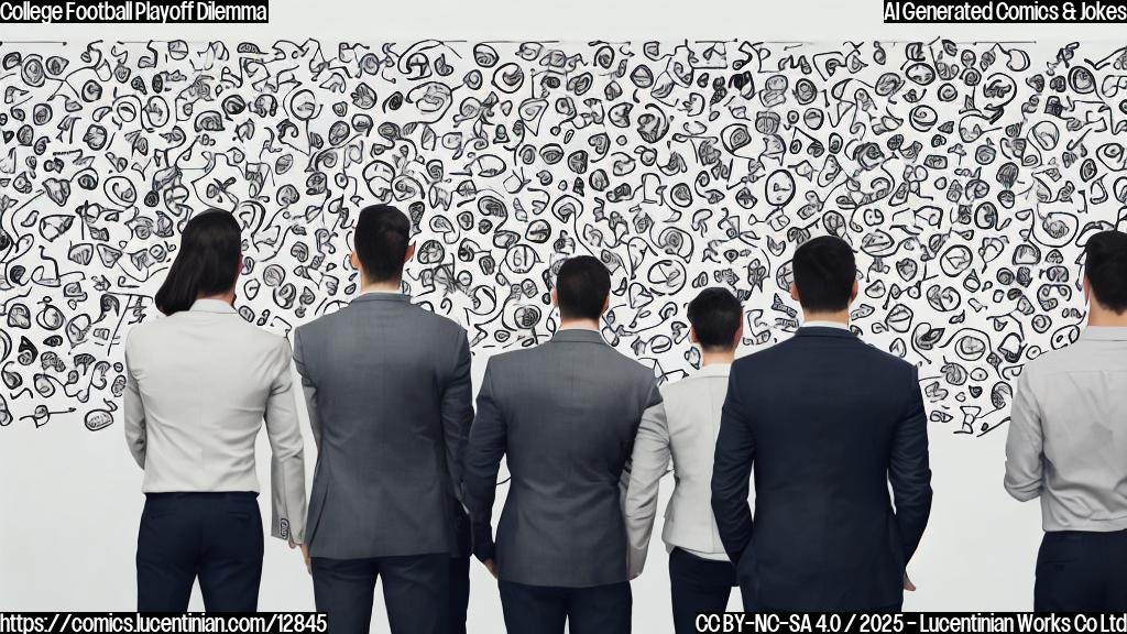 A group of people wearing suits, looking stressed and confused, standing around a large whiteboard with football team logos on it. The whiteboard also has a lot of arrows and question marks drawn on it. The overall style is a simple, plain color cartoon.