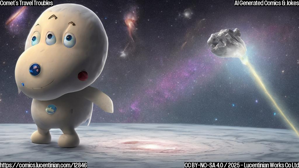 A cartoon comet with a long, icy tail looking confused while holding a crumpled map of the Milky Way galaxy. The comet has big, worried eyes and sweat droplets coming off of it. Background is a starry expanse of deep space.
